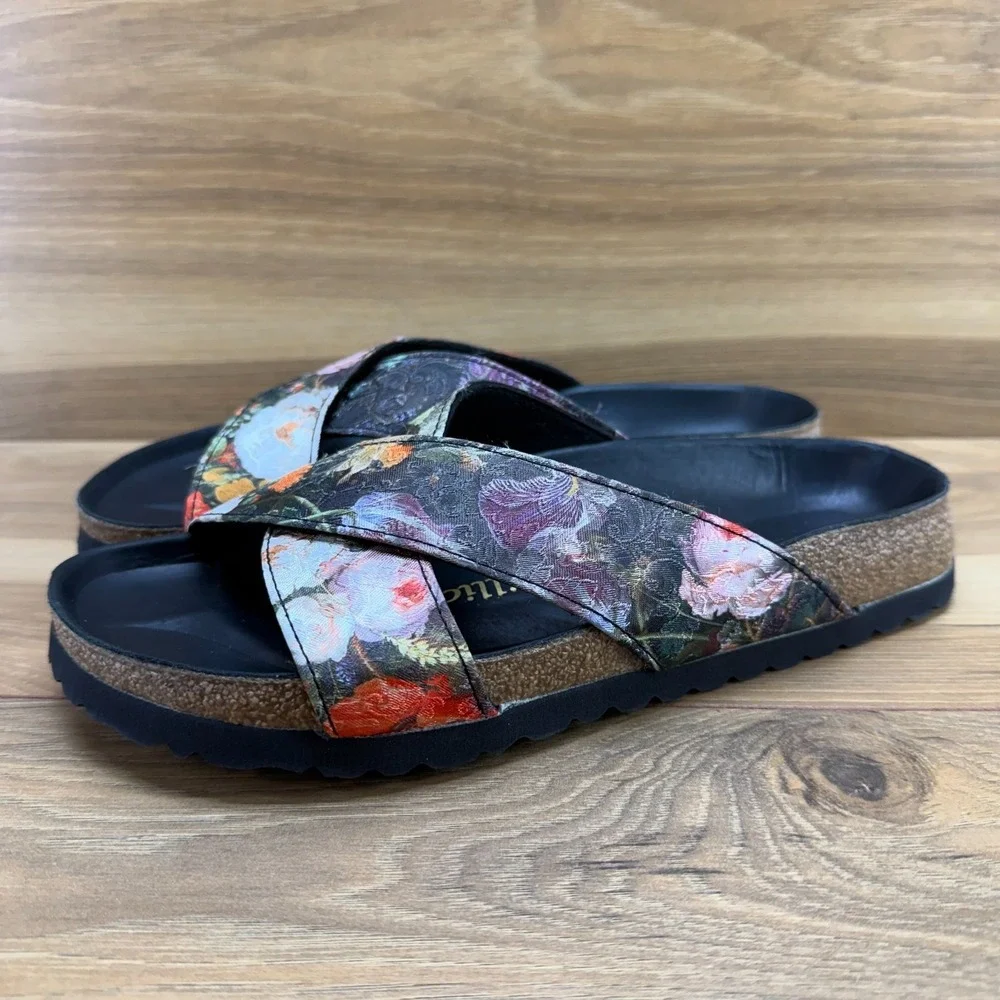 Birkenstock Papillio Daytona Floral Sandals 7 N EU 38 Black Cross Strap Slides - Picture 3 of 10